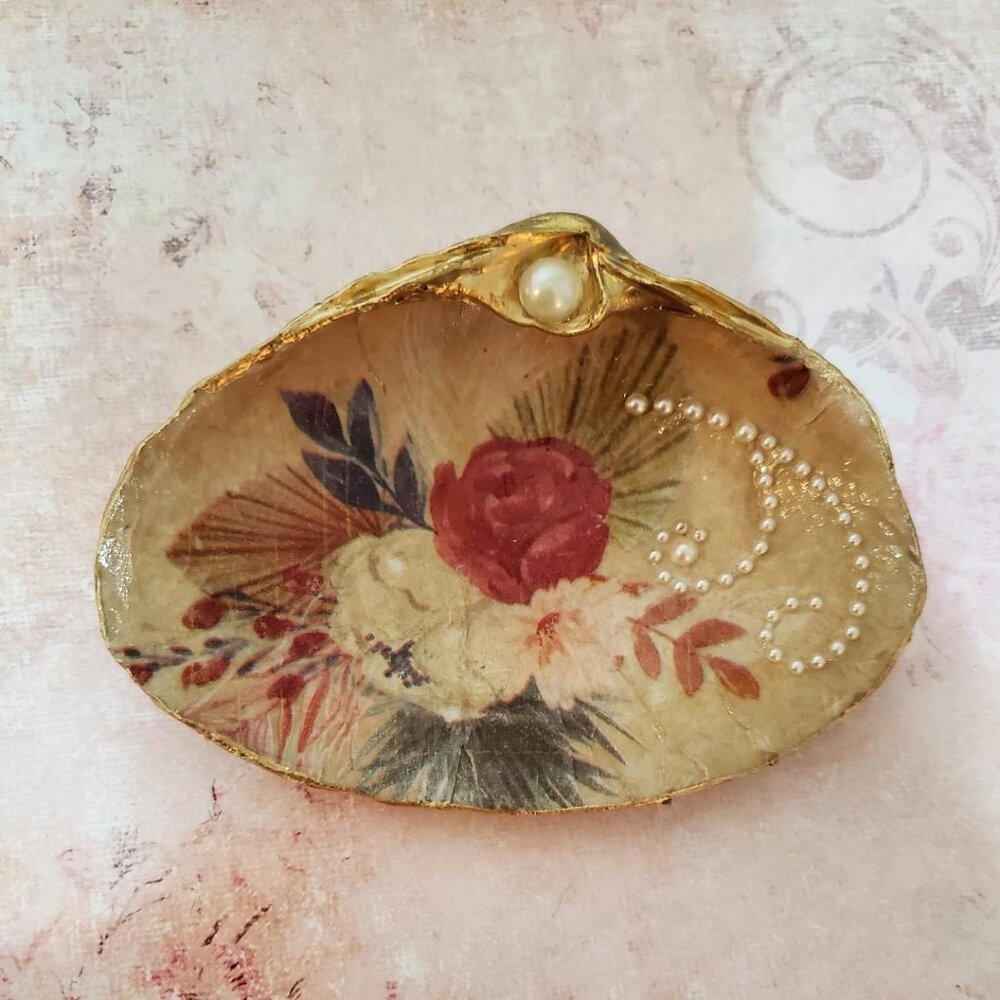 Shells Decoupage Floral w/ Faux Pearls Gold Leaf Trim Gift Art Trinket Dish